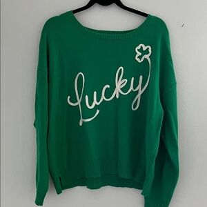 Embroidered 'Lucky' Green Scoop-Neck Women's Sweater